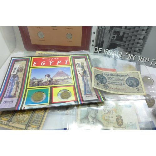 953 - A collection of world coins and banknotes including gold plated