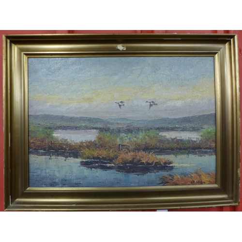 2 - V.A. Larsen, estuary landscape with mallards in flight, oil on canvas, 44 x 64cms, framed