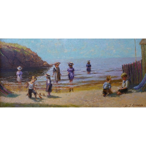 3 - P.J. Attfield, pair of landscapes with children playing on a beach, oil on board, 19 x 39cms, framed