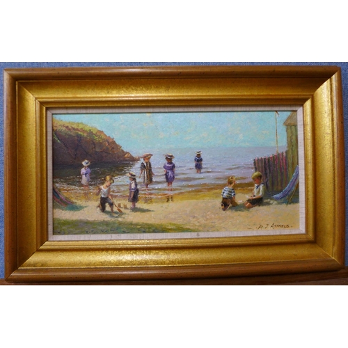 3 - P.J. Attfield, pair of landscapes with children playing on a beach, oil on board, 19 x 39cms, framed