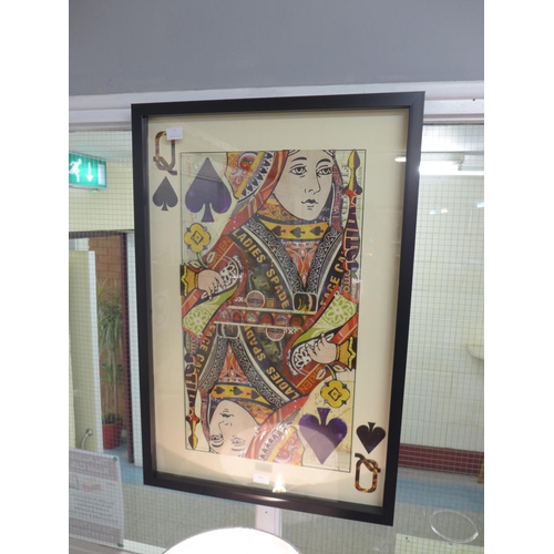 1316 - A framed and glazed Queen of Hearts playing card collage print, 90 x 60cms (MP13848)   #