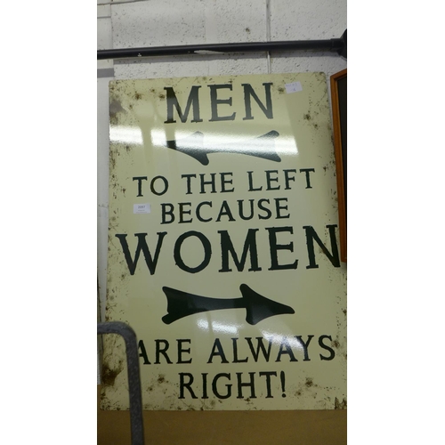 2097 - Large tin plate sign - Men to Left etc. - * this lot is subject to VAT