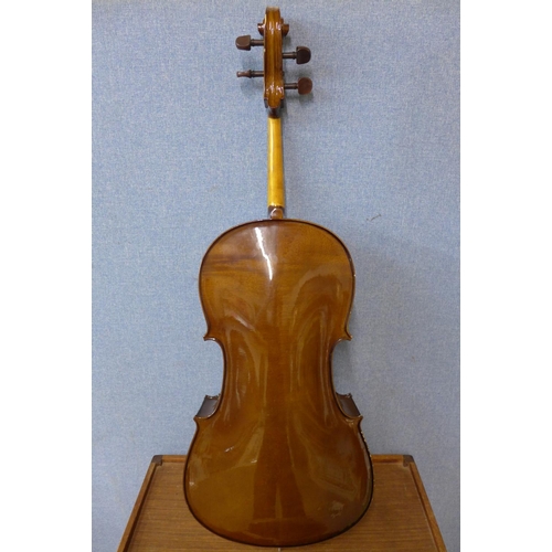 349 - A cello, length of back inc. button 67cms