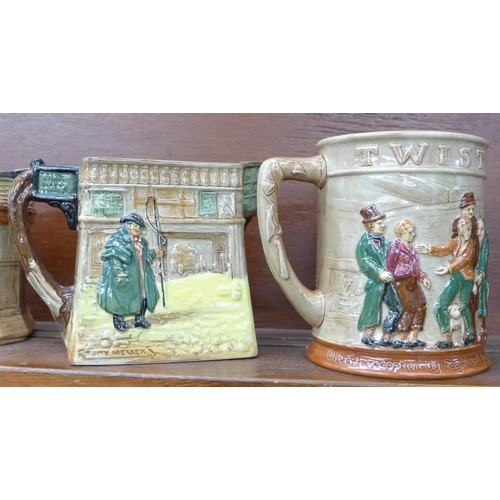 621 - Three Royal Doulton Dickens themed jugs and an Oliver Twist tankard