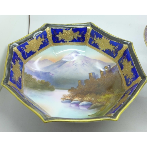 682 - A Noritake coloured tazza and Noritake bowl with lake scene, circa 1908