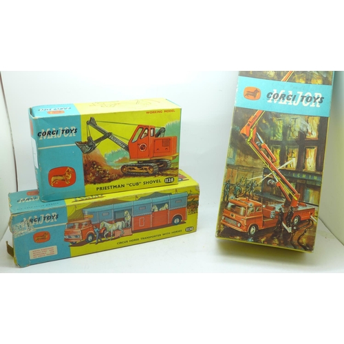 684 - Three Corgi Major Toys, 1127 Simon Snorkel Fire Engine, 1128, Priestman 'Cub' Shovel and 1130, Circu... 