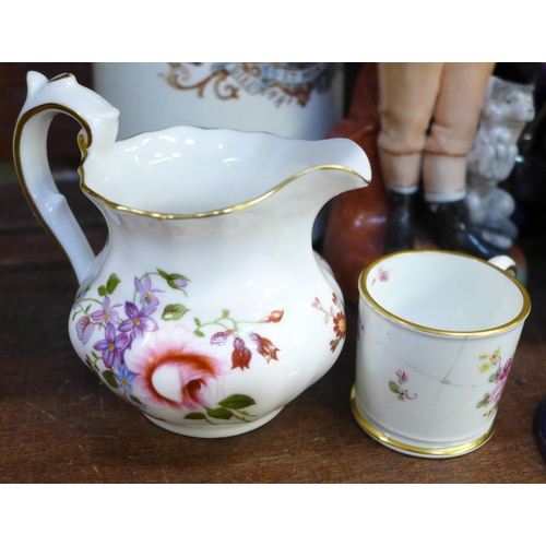 686 - An Empire commemorative jug, George V and Queen Mary circa 1925-30, a Royal Stanley ware Jacobean va... 