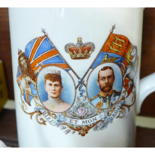 686 - An Empire commemorative jug, George V and Queen Mary circa 1925-30, a Royal Stanley ware Jacobean va... 