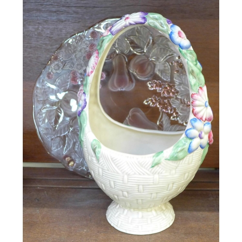 687 - A Clarice Cliff basket, handle a/f, and an embossed pressed glass cake stand