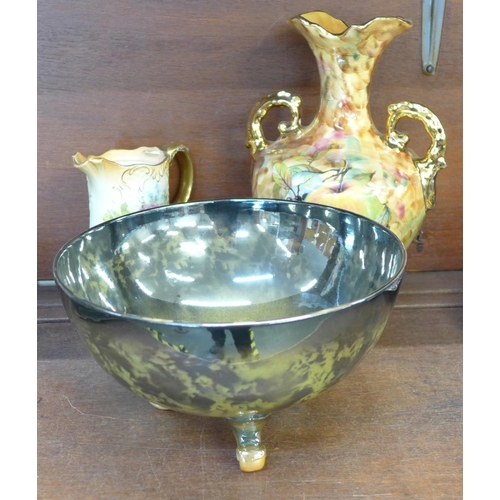 689 - A Hose Street Pottery vase, signed N.A. Bloor, a Grimwades Royal Winton fruit bowl and a S.F. & Co. ... 