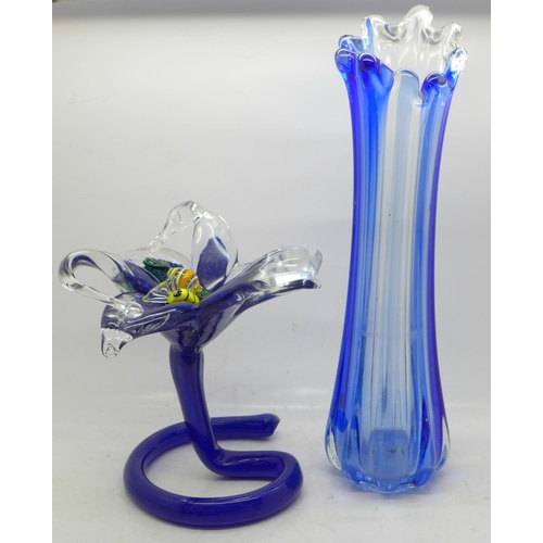 691 - A Murano glass vase and a Murano blue glass vase with two glass sweets