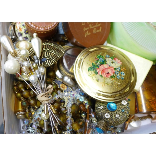 696 - Costume jewellery, compacts, hat pins, etc.