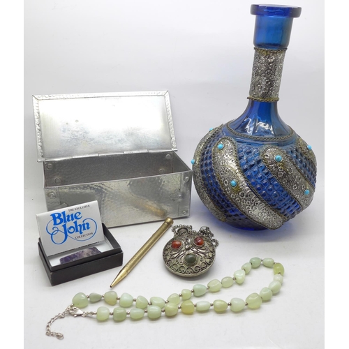 697 - A piece of unmounted Blue John, a stone set scent bottle, a necklace, a bottle and a box