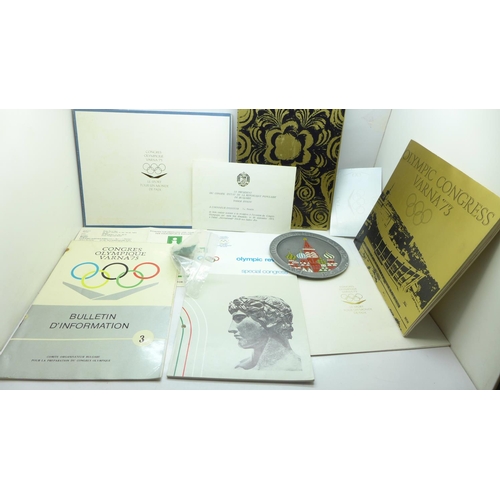 718 - A Richard Mead Olympian visitors pass and ephemera for 1973 Olympic Congress