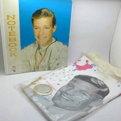 737 - Dr Kildare memorabilia including note book, clip file, pillow case in original packaging and flasher... 