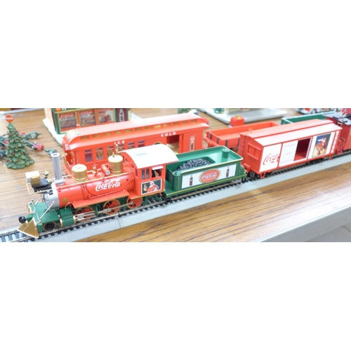 794 - A Hawthorne Village Bachmann Coca-Cola train set, with locomotive, carriages, buildings and track, w... 