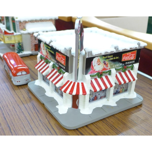 794 - A Hawthorne Village Bachmann Coca-Cola train set, with locomotive, carriages, buildings and track, w... 