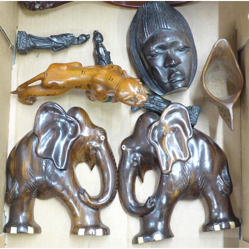 808 - A box of African and other tourist carvings and a wooden wall clock