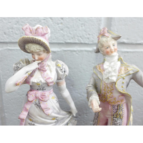 831 - A pair of German porcelain figures by Rudolstadt Ernst, Bohne Sohne, 26.5cm, a/f