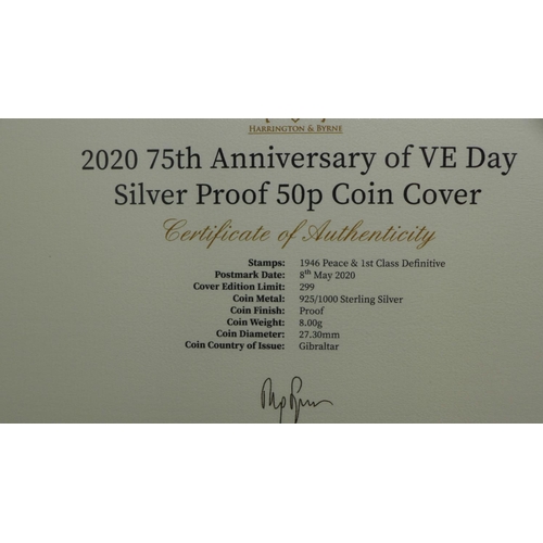 855 - A 2020 75th Anniversary of VE Day silver proof 50p coin cover, in folder with Certificate of Authent... 