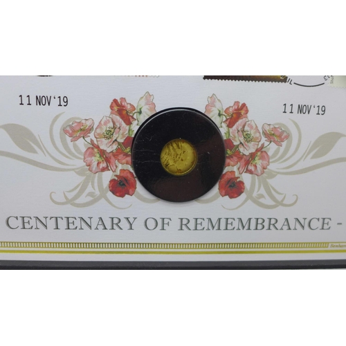 856 - A 2019 Centenary of Remembrance solid gold coin cover in folder with Certificate of Authenticity, co... 