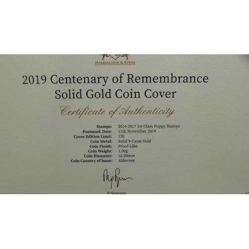 856 - A 2019 Centenary of Remembrance solid gold coin cover in folder with Certificate of Authenticity, co... 