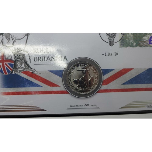 859 - A 2020 1oz silver Britannia coin cover in folder with Certificate of Authenticity, 301/499