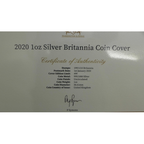 859 - A 2020 1oz silver Britannia coin cover in folder with Certificate of Authenticity, 301/499