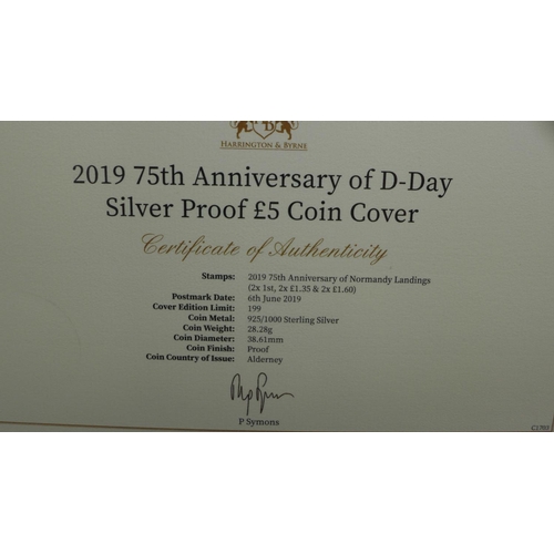 861 - A 2019 75th Anniversary of D-Day silver proof £5 coin cover, in folder with Certificate of Authentic... 