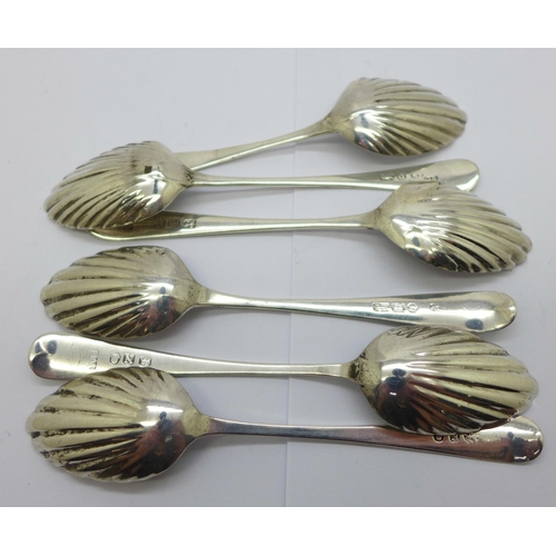 870 - Six assorted silver brite cut, shell bowl teaspoons, two by Hester Bateman