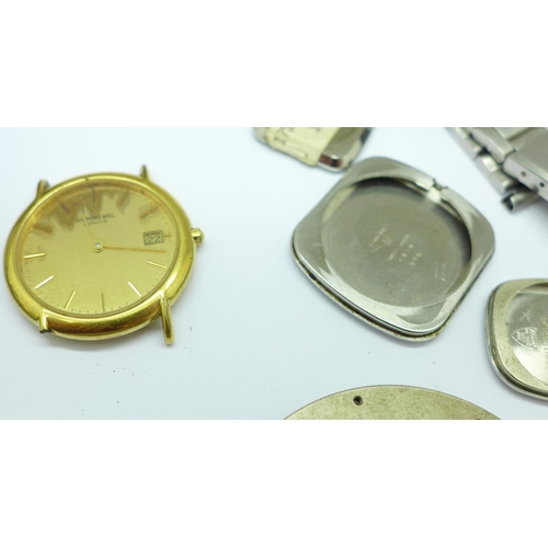 896 - Assorted watch spares including Raymond Weil, Longines, Tissot, Ebel, Gucci, LeCoultre, (clock part)... 