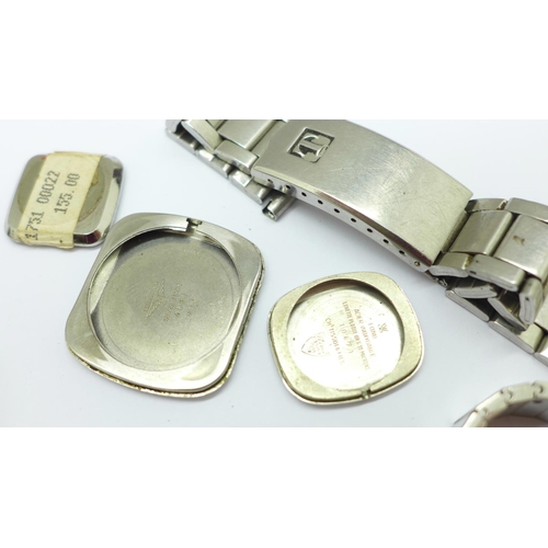 896 - Assorted watch spares including Raymond Weil, Longines, Tissot, Ebel, Gucci, LeCoultre, (clock part)... 