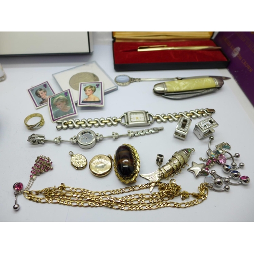 947 - A Ted Baker lady's wristwatch, two others, jewellery including two 9ct gold back and front lockets, ... 