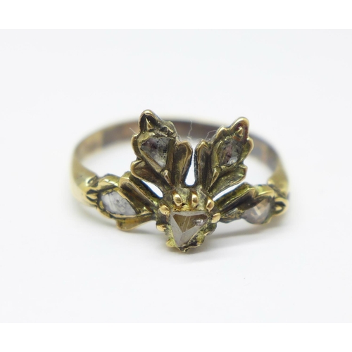 974 - A yellow metal ring set with five old cut diamonds, a/f, 2.8g, O