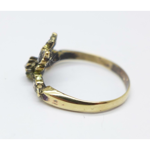 974 - A yellow metal ring set with five old cut diamonds, a/f, 2.8g, O