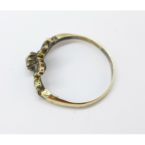 974 - A yellow metal ring set with five old cut diamonds, a/f, 2.8g, O