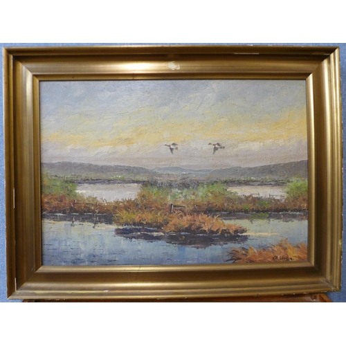 10 - V.A. Larsen, estuary landscape with mallards in flight, oil on canvas, 44 x 64cms, framed