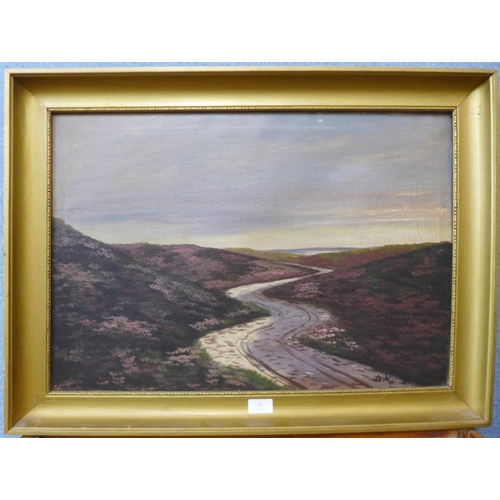 11 - English School, moorland landscape, oil on canvas, indistinctly signed, 45 x 64cms, framed