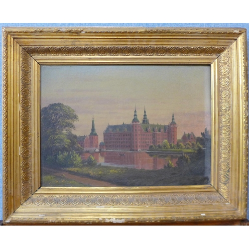 12 - Continental School (19th Century), river landscape with a palace, oil on canvas, indistinctly signed... 