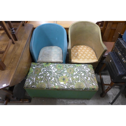 312 - Two wicker chairs, ottoman and a Formica topped table