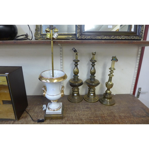 411 - Three brass table lamp bases and one other