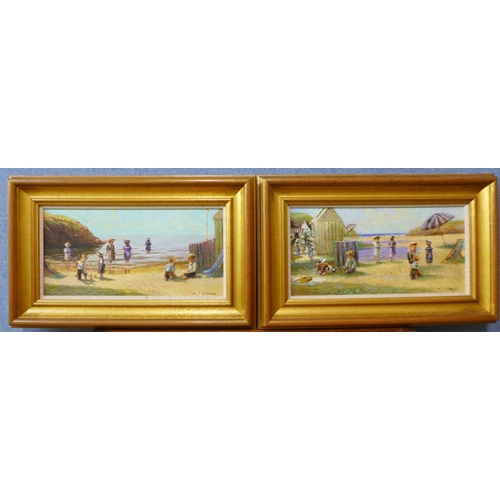 6 - P.J. Attfield, pair of landscapes with children playing on a beach, oil on board, 19 x 39cms, framed