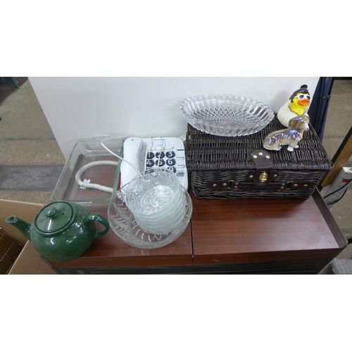 2274 - Box of misc:- glassware, large number telephone - W, picnic basket etc., shopping trolley