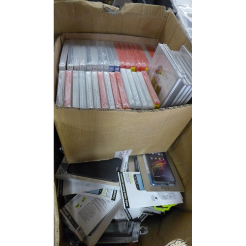 2365 - Box of DVDs & CDs (duplicates), box of phone cases & screen protectors