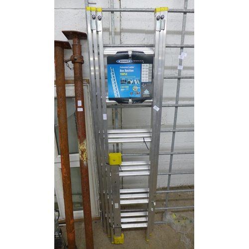 2460 - Werner box section triple 6 rung aluminium ladder with stabiliser bar - unused - a/f