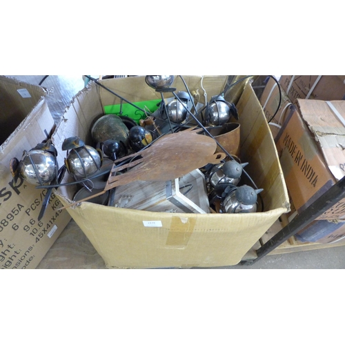 2478 - Box of assorted metal garden ornaments, etc.