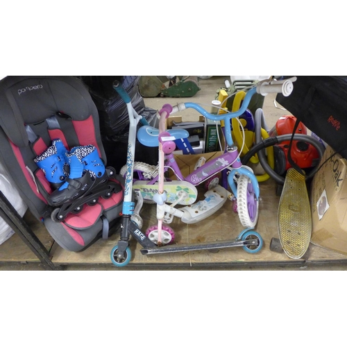 2480 - Child's bike with stabilisers, Redkite travel cot, 2 scooters (3 wheel, 2 wheel), skateboard, Pamper... 