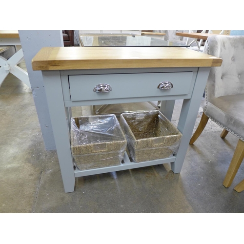 1352 - Oak and grey console table with basket drawers (ref 67) * this lot is subject to VAT Damage to front