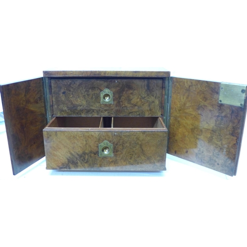 675 - A late 19th Century burr walnut campaign cigar box with original Bramah lock and key and brass reces... 