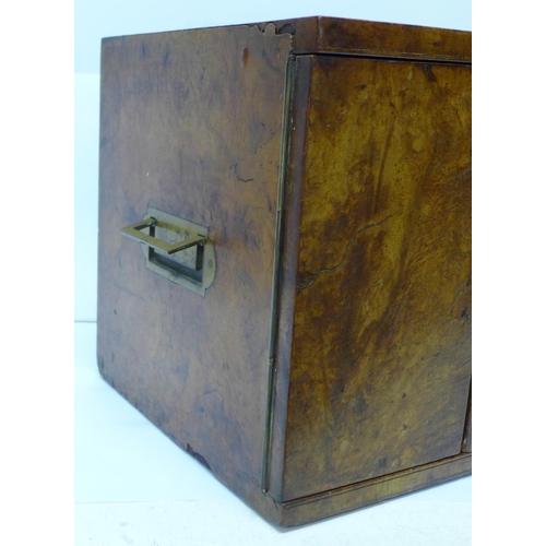 675 - A late 19th Century burr walnut campaign cigar box with original Bramah lock and key and brass reces... 